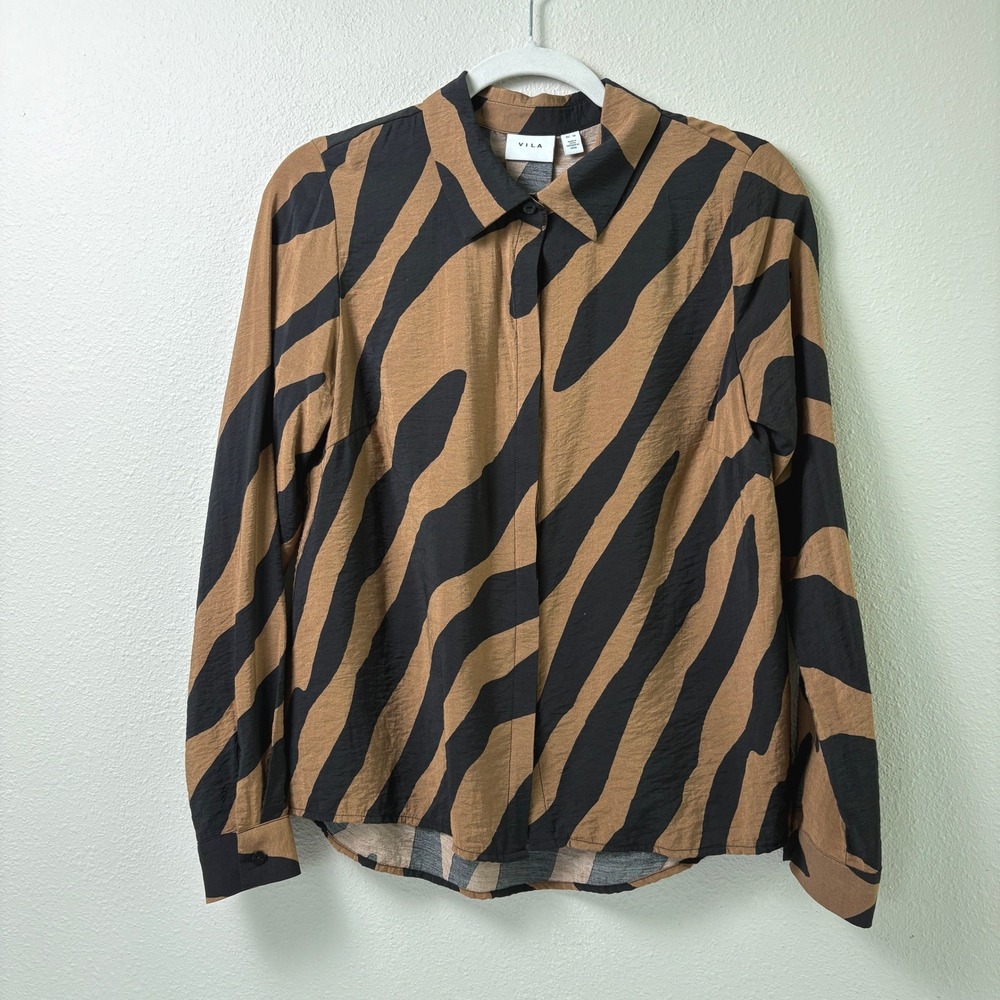 Vila Vidogma Zeb Shirt Womens 38 Medium Brown Black Zebra Print Button Down